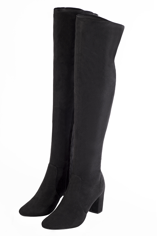 Matt black women's stretch thigh-high boots. Round toe. High block heels. Made to measure. Front view - Florence KOOIJMAN